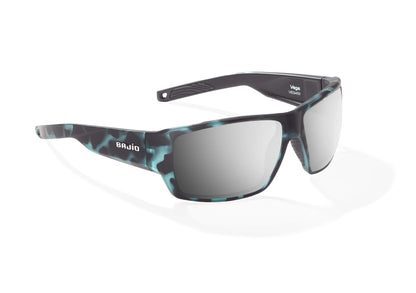 Bajio Vega Sunglasses - Angled View, Blue Water Matte Frame with Silver Mirror Lens