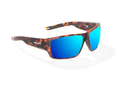 Bajio Vega Sunglasses - Angled View, Brown Tortoise Matte Frame with Blue Mirror Lens