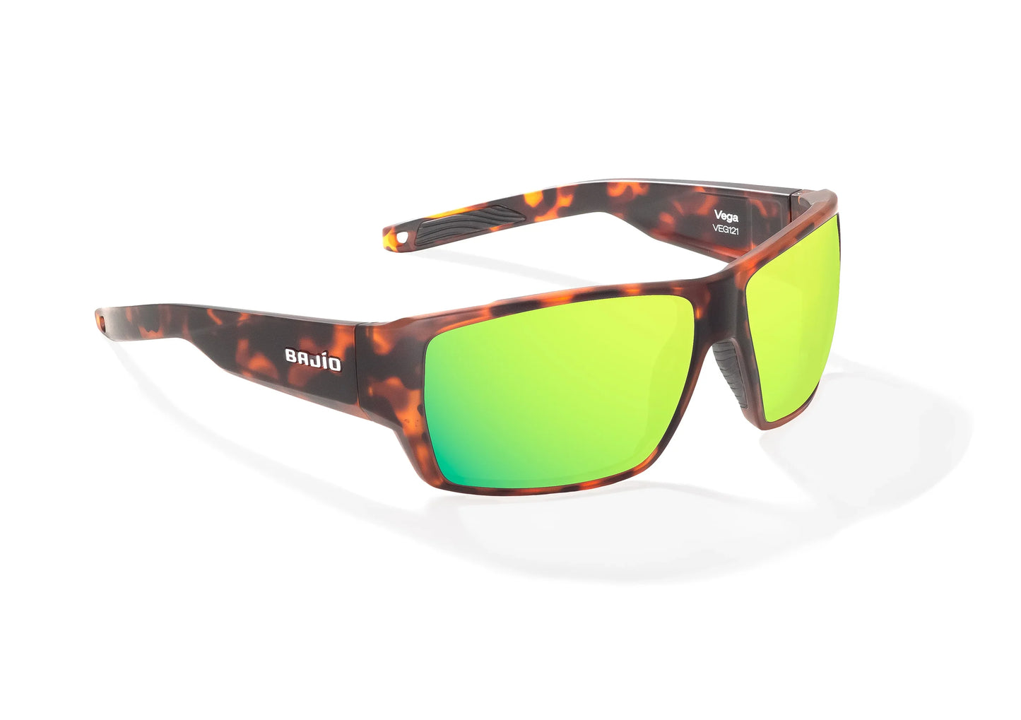 Bajio Vega Sunglasses - Angled View, Brown Tortoise Matte Frame with Green Mirror Lens