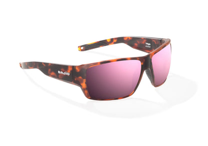 Bajio Vega Sunglasses - Angled View, Brown Tortoise Matte Frame with Rose Mirror Lens