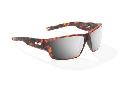 Bajio Vega Sunglasses - Angled View, Brown Tortoise Matte Frame with Silver Mirror Lens