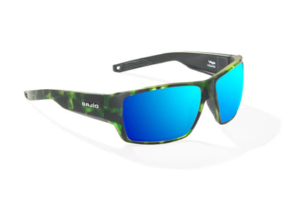 Bajio Vega Sunglasses - Angled View, Green Grass Matte Frame with Blue Mirror Lens