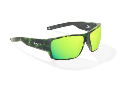 Bajio Vega Sunglasses - Angled View, Green Grass Matte Frame with Green Mirror Lens