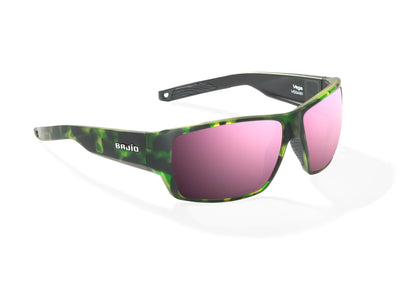 Bajio Vega Sunglasses - Angled View, Green Grass Matte Frame with Rose Mirror Lens