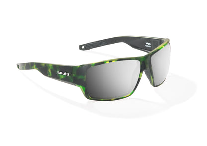 Bajio Vega Sunglasses - Angled View, Green Grass Matte Frame with Silver Mirror Lens