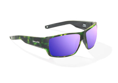 Bajio Vega Sunglasses - Angled View, Green Grass Matte Frame with Violet Mirror Lens