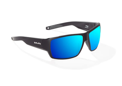 Bajio Vega Sunglasses - Angled View, Black Matte Frame with Blue Mirror Lens