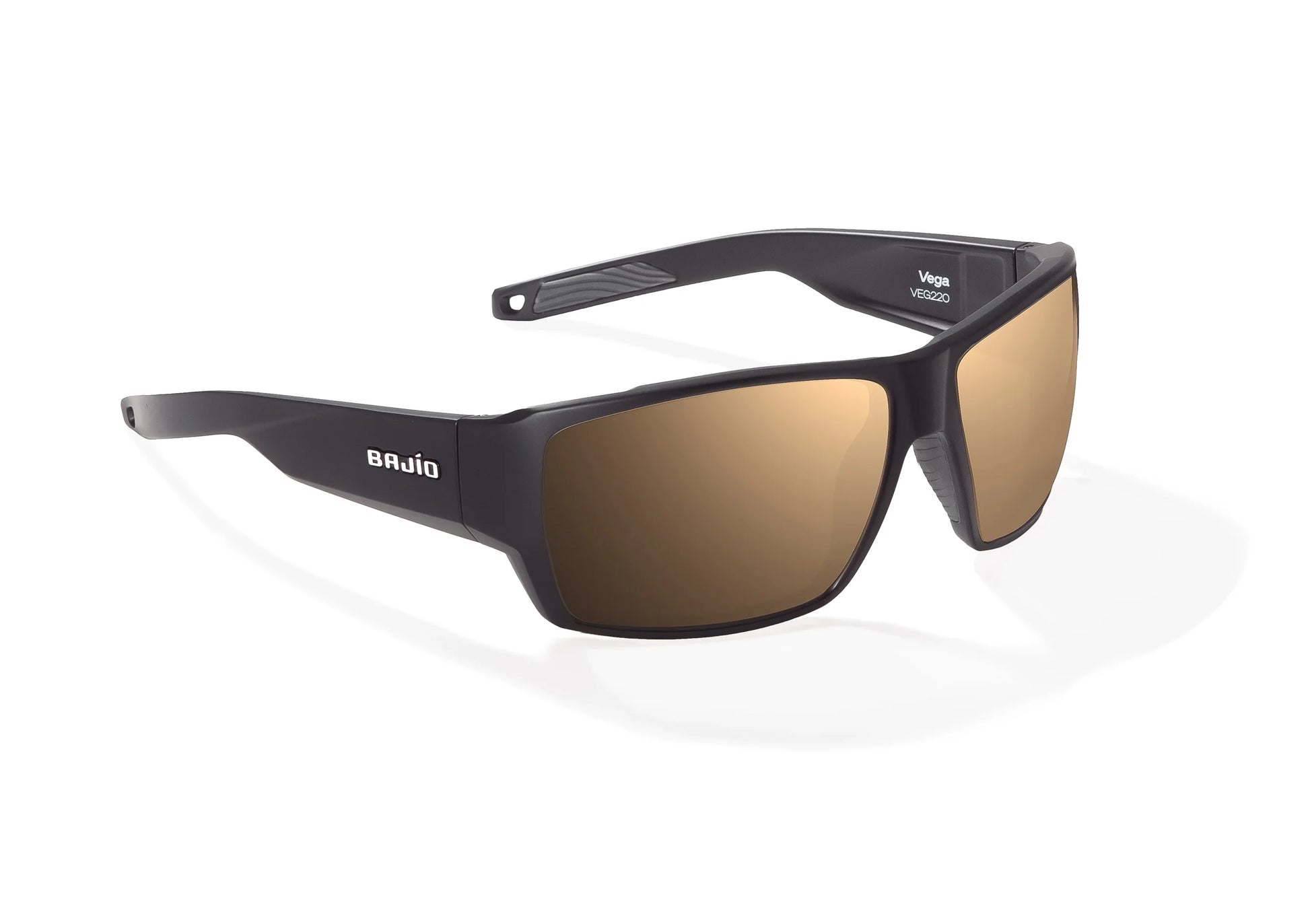 Bajio Vega Sunglasses - Angled View, Black Matte Frame with Copper Lens