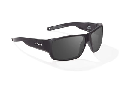 Bajio Vega Sunglasses - Angled View, Black Matte Frame with Gray Lens