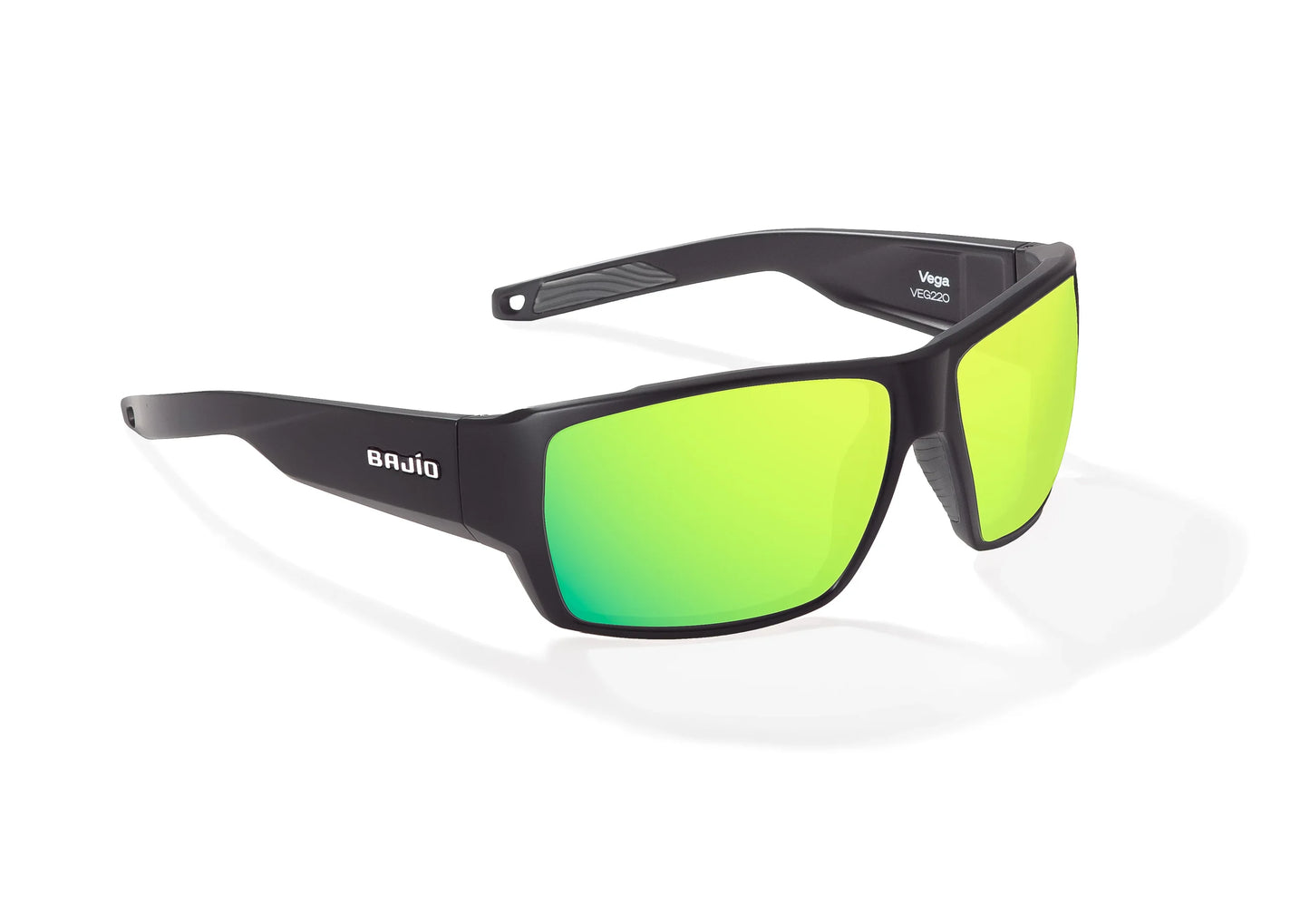 Bajio Vega Sunglasses - Angled View, Black Matte Frame with Green Mirror Lens