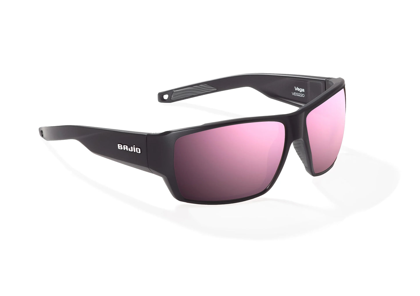 Bajio Vega Sunglasses - Angled View, Black Matte Frame with Rose Mirror Lens