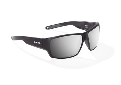 Bajio Vega Sunglasses - Angled View, Matte Black Frame with Silver Mirror Lens