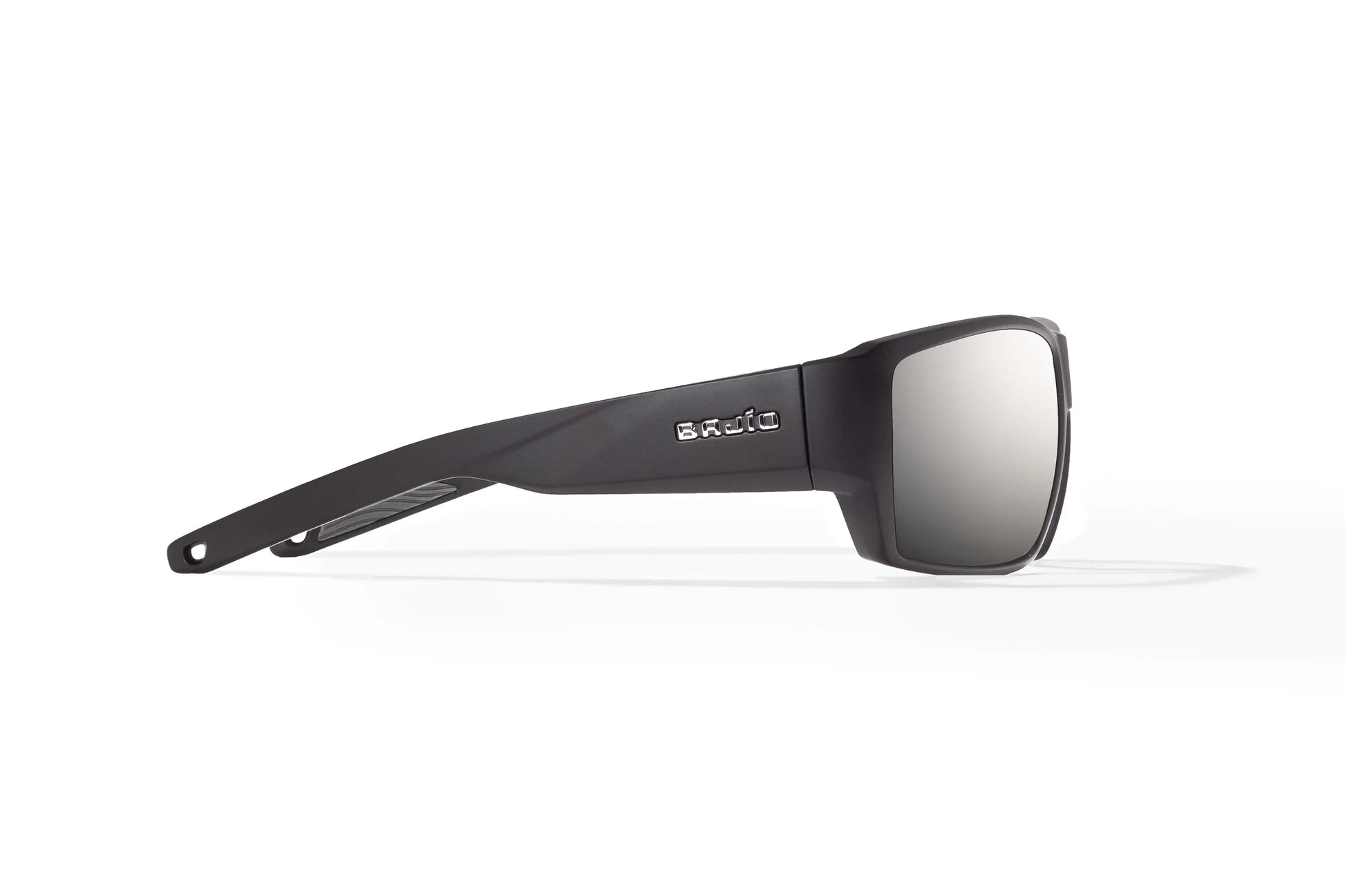 Bajio Vega Sunglasses - Side View, Matte Black Frame with Silver Mirror Lens