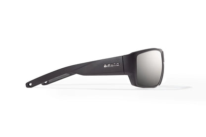 Bajio Vega Sunglasses - Side View, Matte Black Frame with Silver Mirror Lens