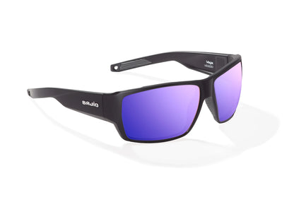 Bajio Vega Sunglasses - Angled View, Black Matte Frame with Violet Mirror Lens
