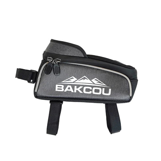 Side view of the Bakcou Phone Bag mounted on an e-bike top tube, showing the waterproof phone pouch and zippered storage compartment.