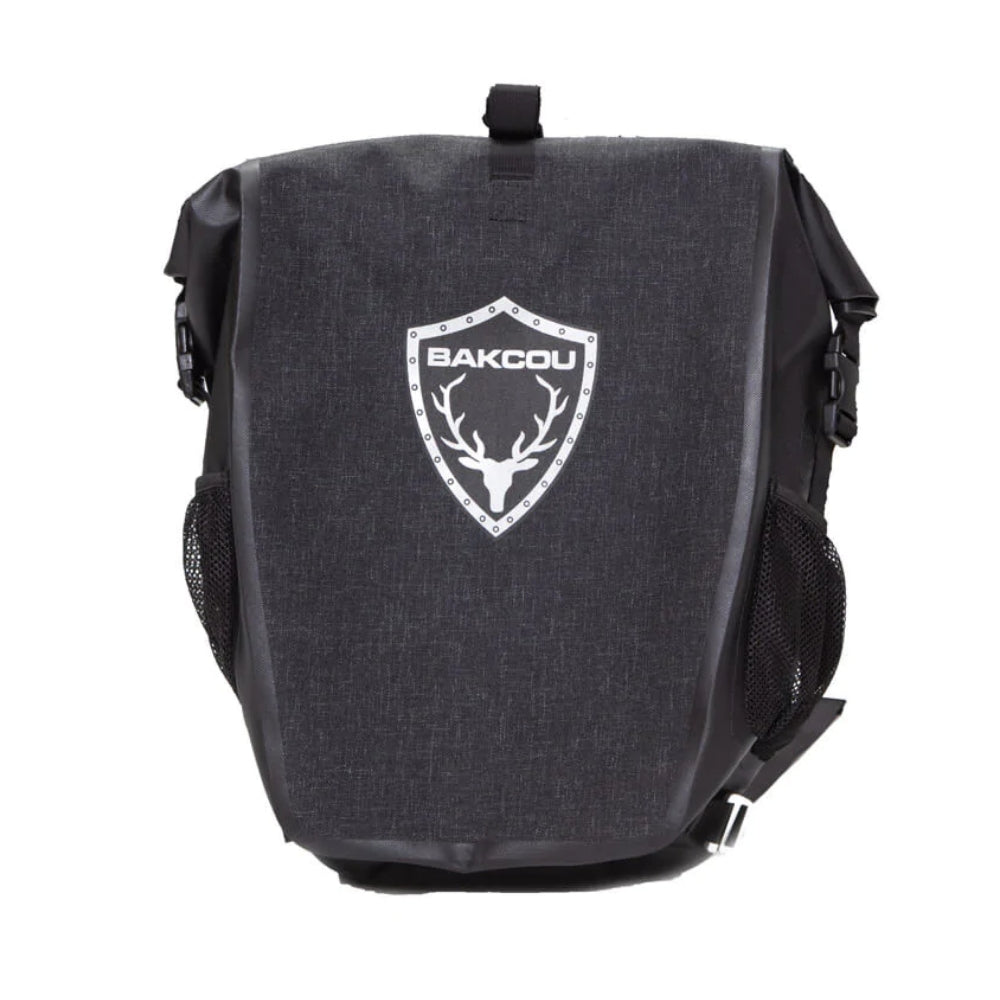 Front view of Bakcou Pannier Bags featuring reflective logos, heavy-duty fabric, and roll-top closure for waterproof protection